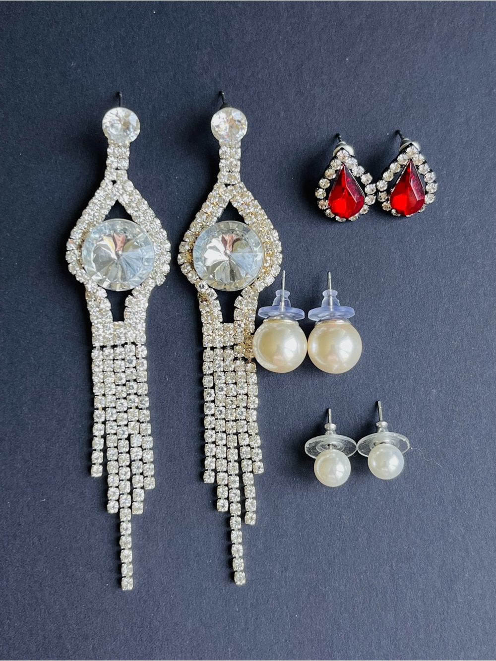 Vintage Glamour Earring Lot - Rhinestone Tassel & Studs Bundle
